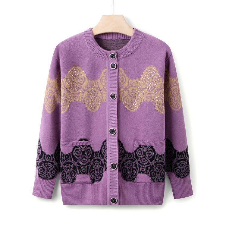 

Grandma Wear Autumn Sweater Jacket Middle-aged and Elderly Round Neck Cardigan Top for Women 50 Years Old 60 Mother Fashionable Knitted Sweater 3XL
