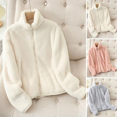 Women Winter Coat Thick Stand Collar Double-sided Fleece Neck Protection Zipper Closure Solid Color Long Sleeves Heat Retention Outdoor Jacket