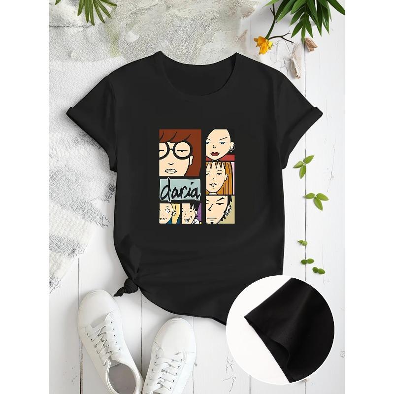 Women Cartoon Print T-Shirt Crew Neck Short Sleeve Lightweight Comfort Summer Casual Top S