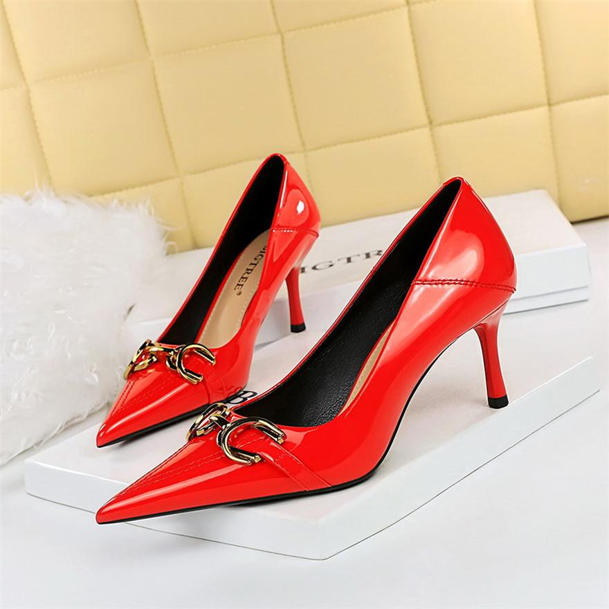 Red White Metal Buckle Wedding Shoes Women New Patent Leather Shallow High Heels Pumps Fashion Pointy Toe Party Shoes Woman
