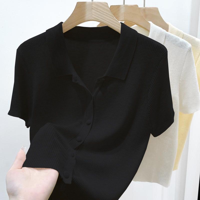 Women's Thin Polo Neck Knitted T-shirt Summer Solid Color Versatile Short Cardigan Top