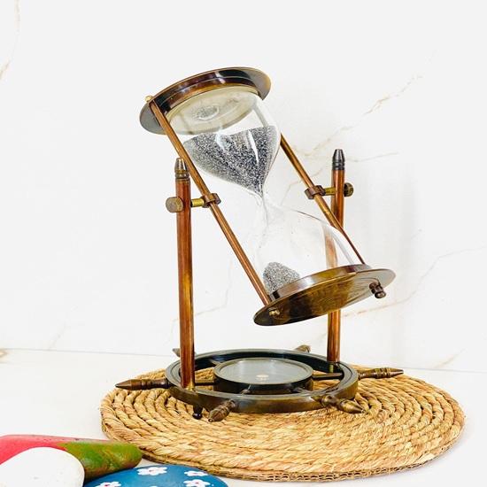 17.78 Cm Brass Hourglass Sand Timer with Compass Wheel Office Decor Gift