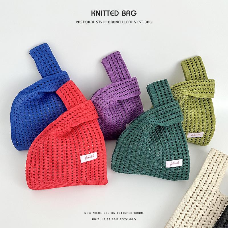 Bolso Tote de Punto Coreano Color Sólido con Hombro Hueco - Versátil, Ocio, Gran Capacidad