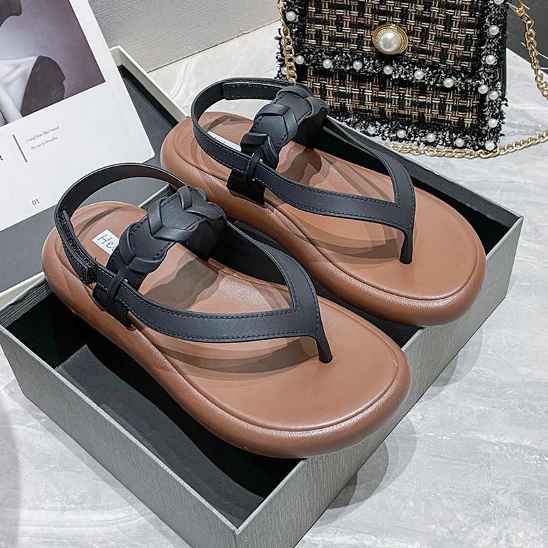 Sandale de vară pentru femei, nou model cu toc plat, talpă moale, stil vânt parfumat, vară, pentru ieșit, culoare uni, pantofi romani, papuci de plajă