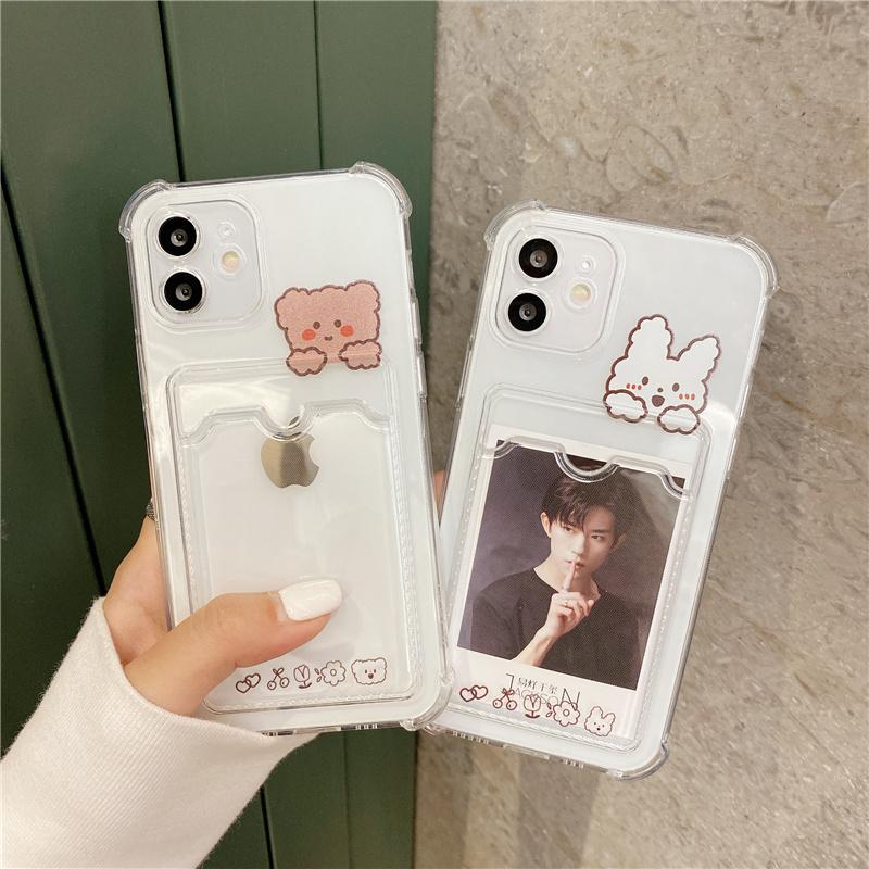 Cute Bear Cartoon Rabbit Shockproof Phone Case For Iphone 11 12 13 14 Pro Xs Max X Mini 7 8 6 Plus Soft Wallet Cover Card Holder