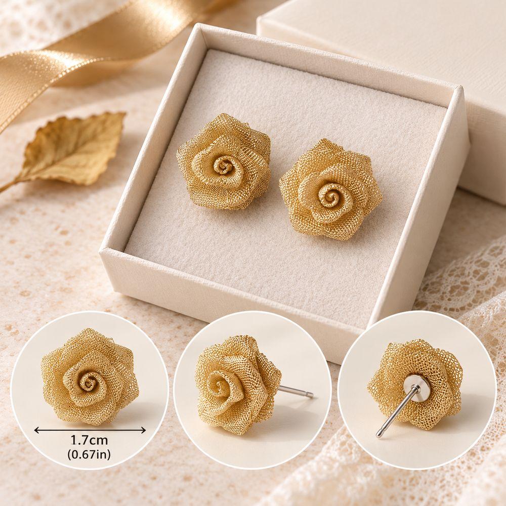 Vintage Style Flower Stud Earrings Gold Gauze Fabric Rose Stud Earrings New Rose Earrings Women
