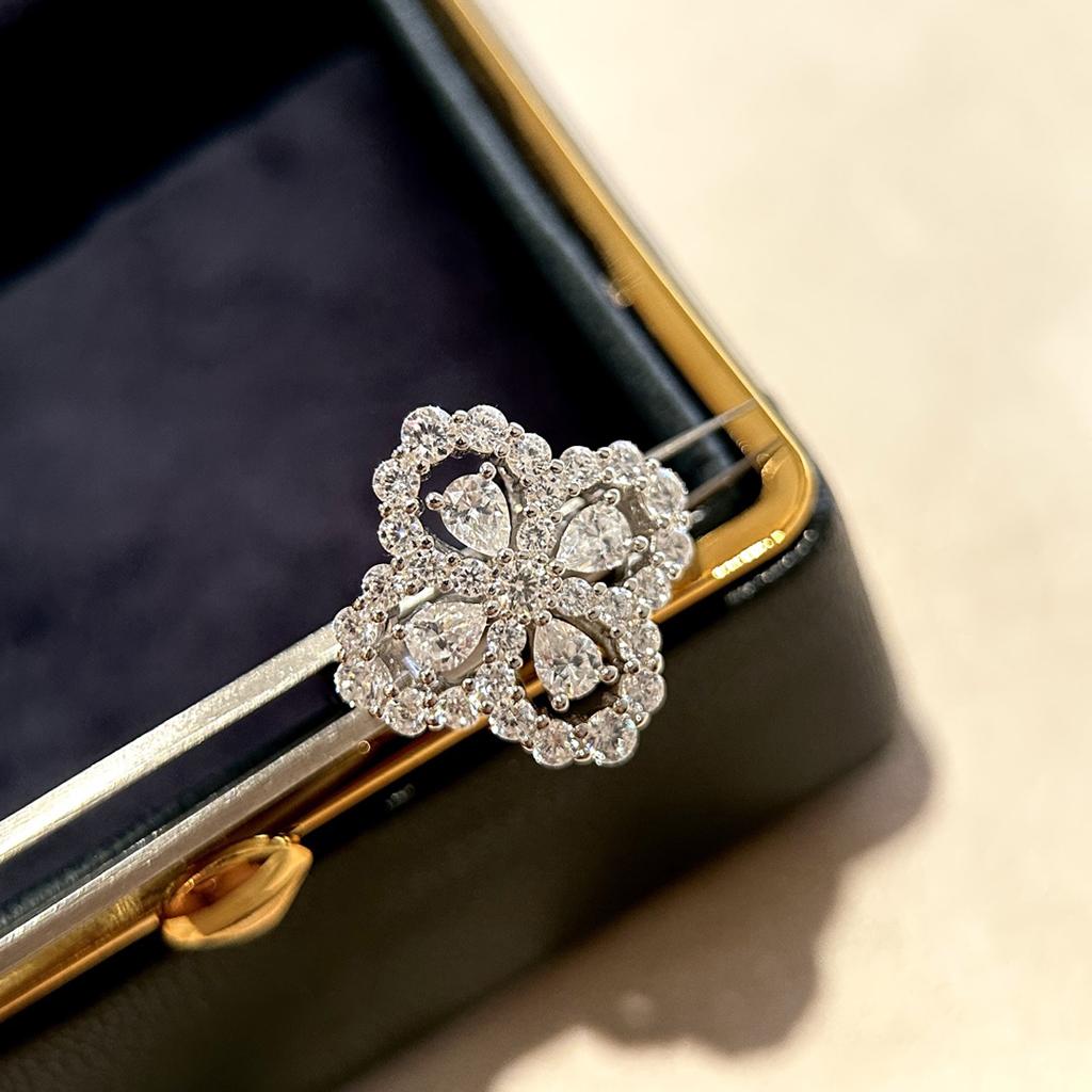 S 925 Silver AAA Zircon Clover Flower Full Diamond Ring Women's Gift