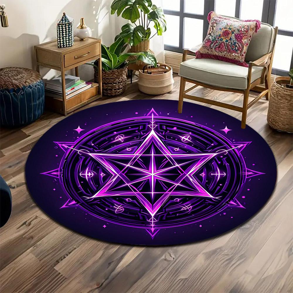 Purple Mystic Star Mandala Design Print round rug, living room, bedroom, playroom carpet, non slip floor mat, gift