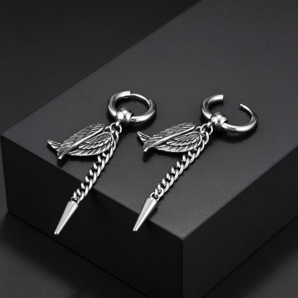 Unique Design Fashion Feather Angel Wings Rivet Tassel Drop Earrings for Men, Hip Hop Rock Stainless Steel Ear Jewelry Gift
