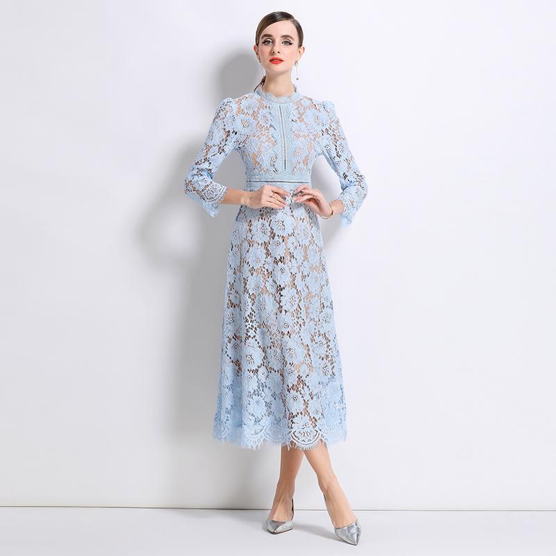 Vestidos Midi de Festa Femininos Vintage de Manga Comprida Vazados em Renda para Primavera Outono