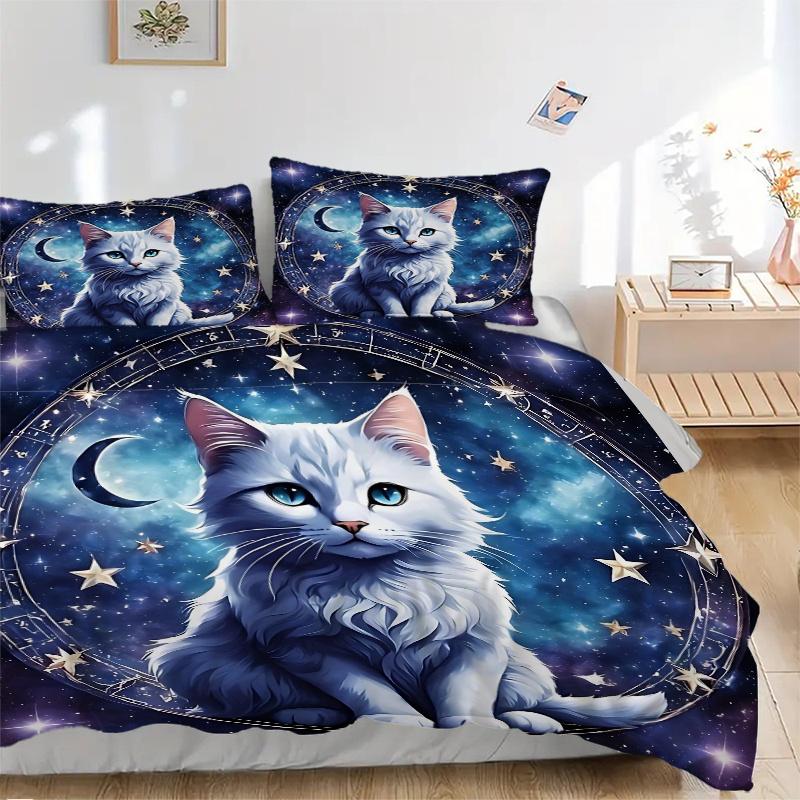 3pcs Starry Cat Design Bedding Set - Includes Quilt Cover and Pillowcases, Suitable for All Seasons, Machine Washable - Ideal Gift for Famil