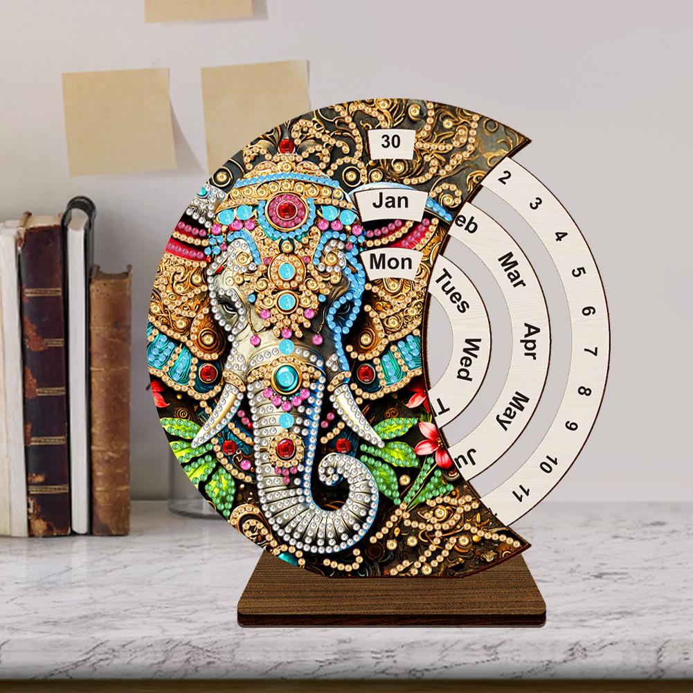 Diamantmålning Unik Trä Roterande Kalender Evig Kalender med Roterande Månad Dag Vecka Skrivbordsdekor för Hem och Kontor