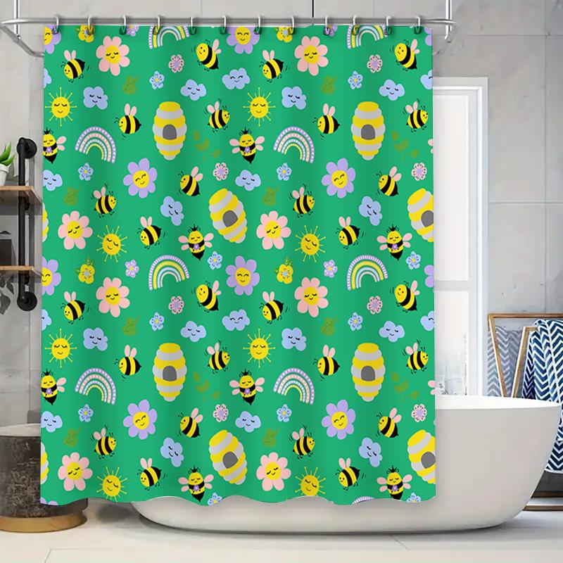 

Bee Rainbow Shower Curtain Waterproof Fabric Home Bathroom Decoration Wall Hanging Floral Design Green Background W60H190(CM)-1 Pcs