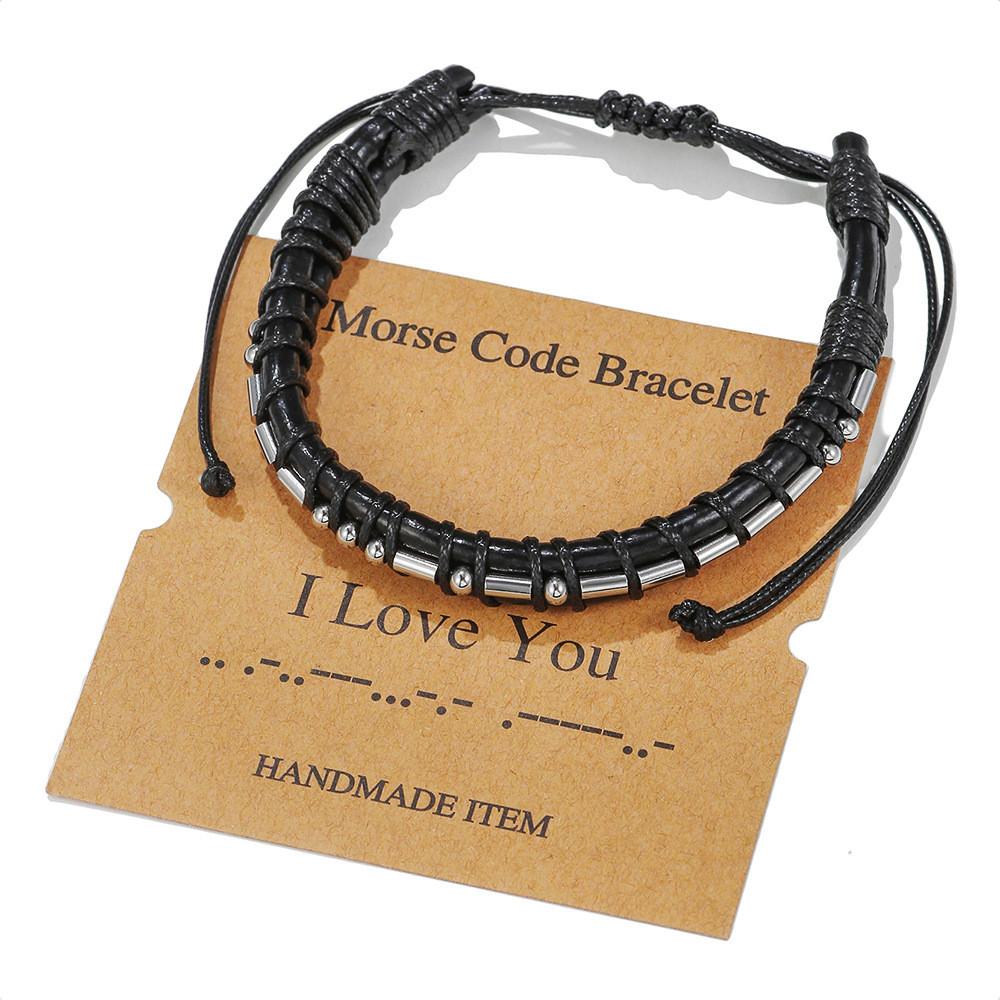 Morse-Code Lederarmband mit Edelstahl-Anhängern für Paare und als Geschenk