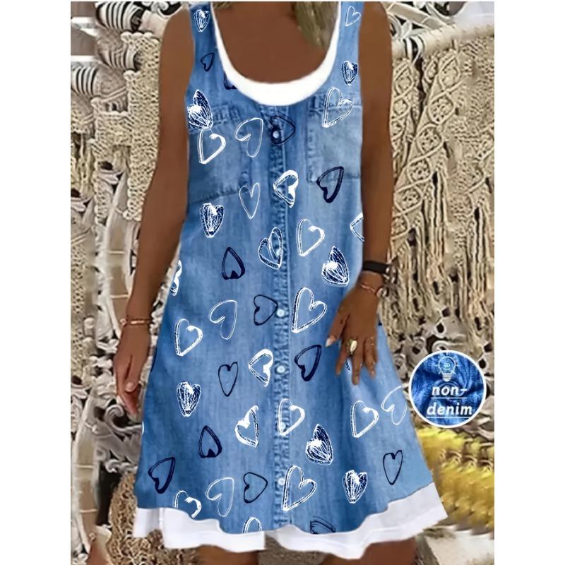 3D Printed Floral Round Neck Sleeveless Knee Length Blue Imitation Denim Women's Plus Size Dress