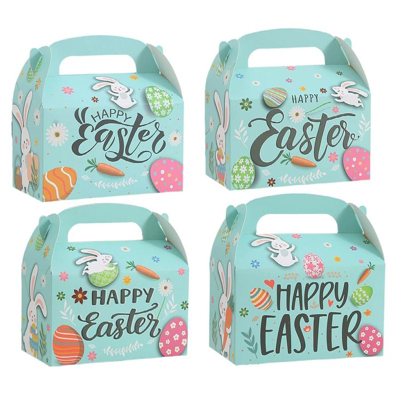 WTEMPO 12PCS 9*9*16CM Easter Gift Boxes Party Small Presents Kraft Paper Packaging Boxes Rabbit Easter Egg Printed Surprise Boxes with Handle