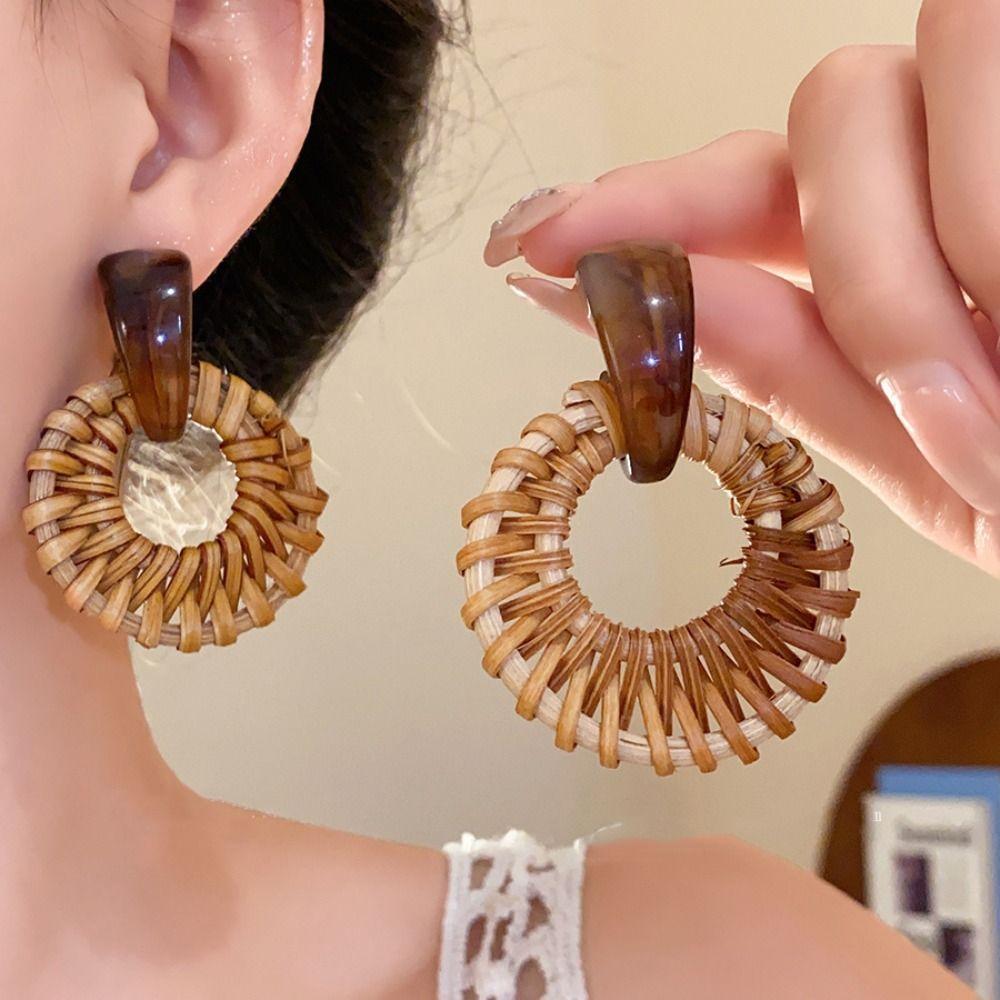 Beach Jewelry Bohemian Drop Earrings Round Geometric Earrings Rattan Weave Earrings  Women