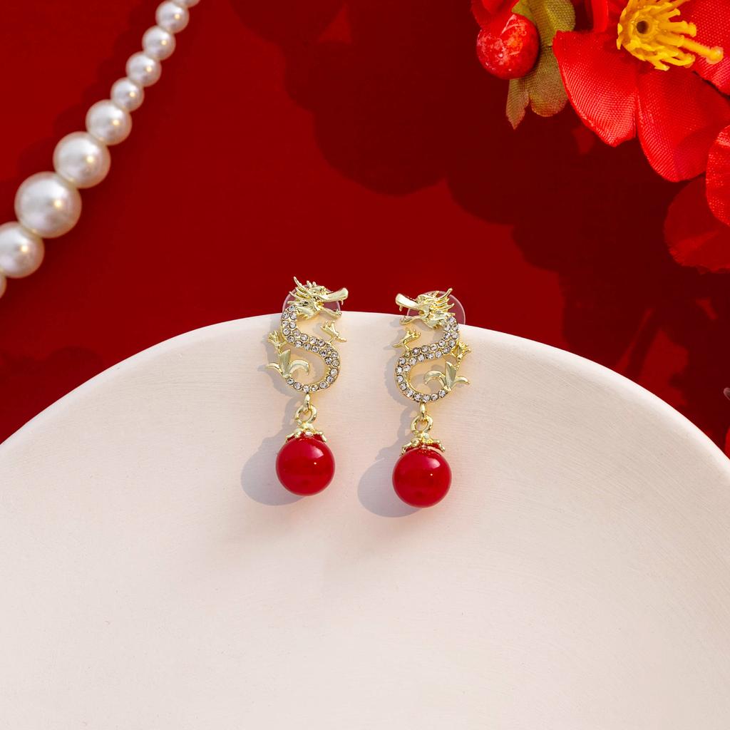 Year Of The Dragon Festive Chinese Style Diamond-Set Natal Year Earrings, Guochao Red New Year'S Blessing High-End Ear Buckles