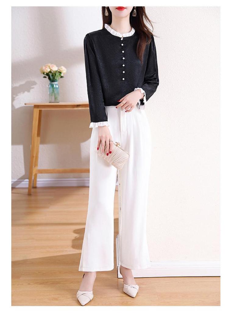 Beaded French Light Luxury Satin Shirt with Contrast Stitching - Spring 2025 Xiaoxiang Style Women's Top