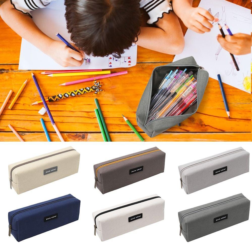 Pure Color Zipper Canvas Stationery Holder Box Pen Bag Pencil Pouch Pen Case