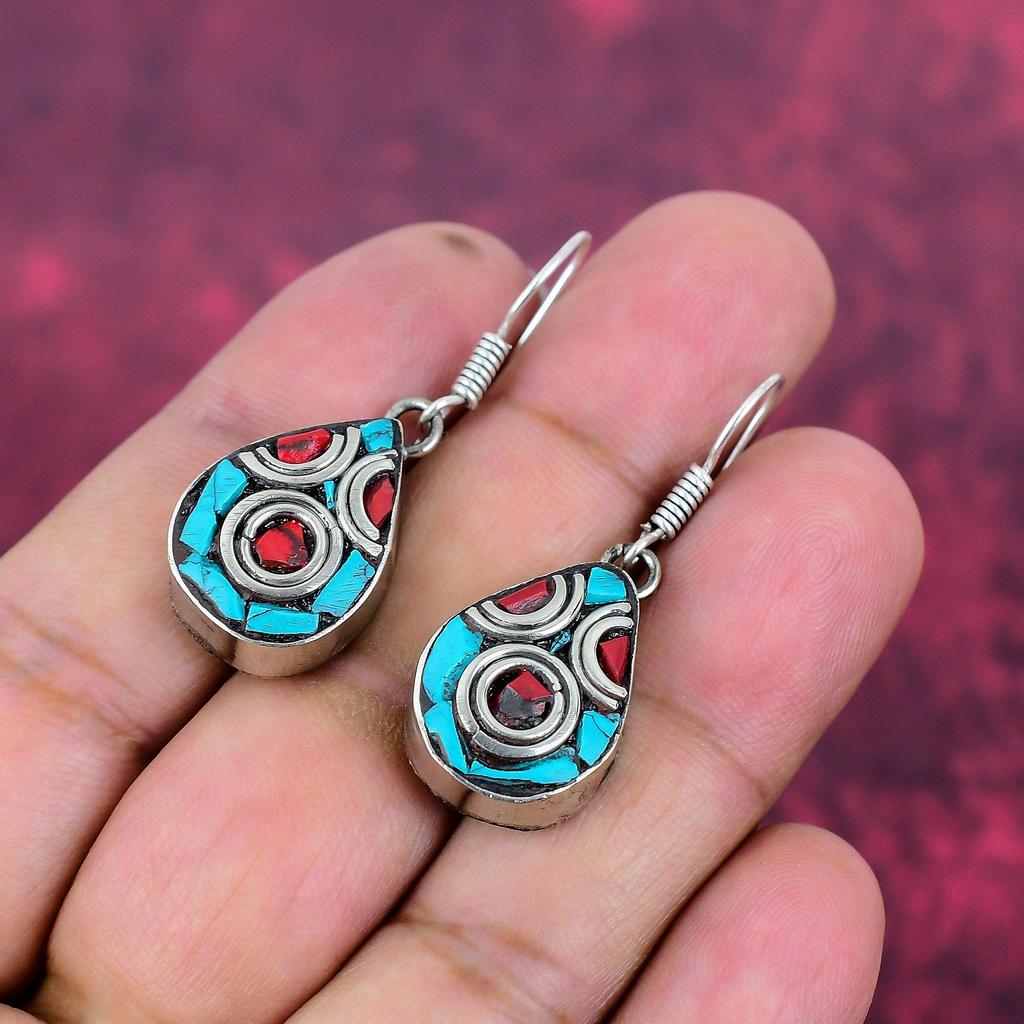 Cora & Turquoise 925 Solid Sterling Silver Earrings, Handmade Gemstone Nepali Earrings Jewelry, Gifts For Wife Brand New Earrings