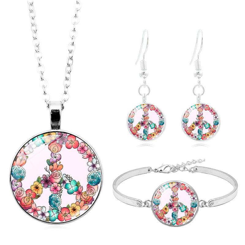 Friedenszeichen Zeit Edelstein Halskette Armband Ohrringe Dreiteiliges Schmuckset Geschenk