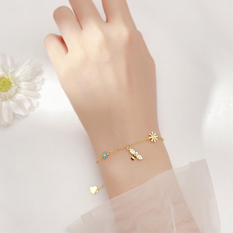 Sole Memory Cute Mini Bee Flowers 925 Silver Female Resizable Bracelets BR320