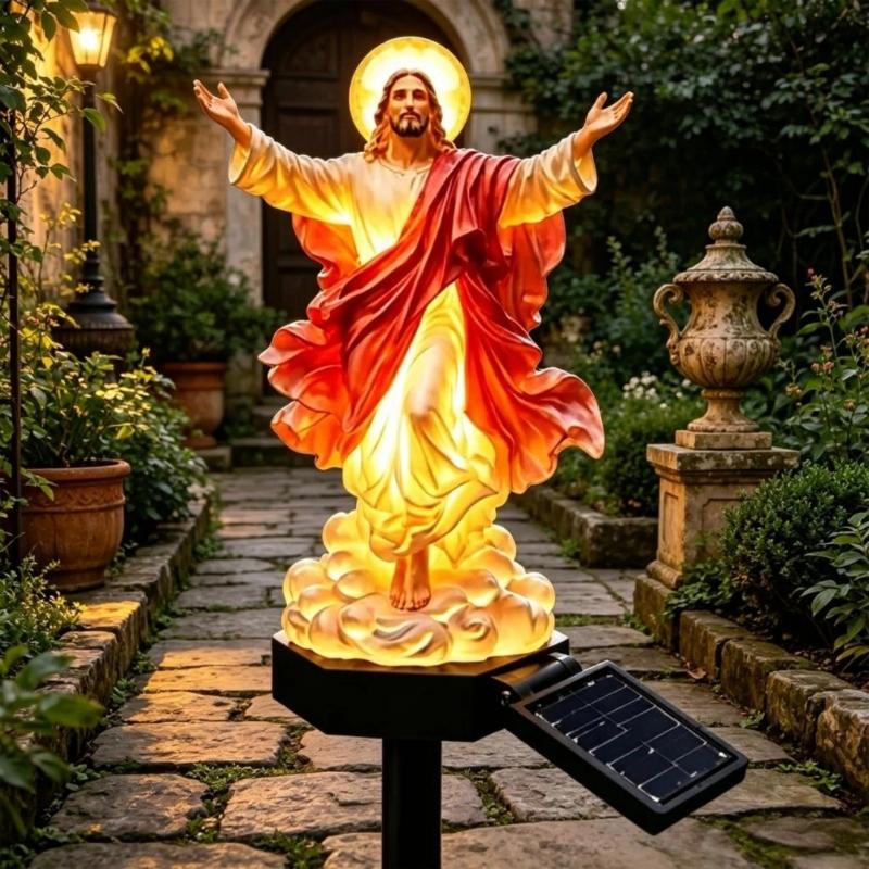 Religious Figurine Solar Lamp Statue for Garden Lawn Border, Resin Yard Stake Sculpture with Warm Light for Flower Bed and Outdoor Entry Use