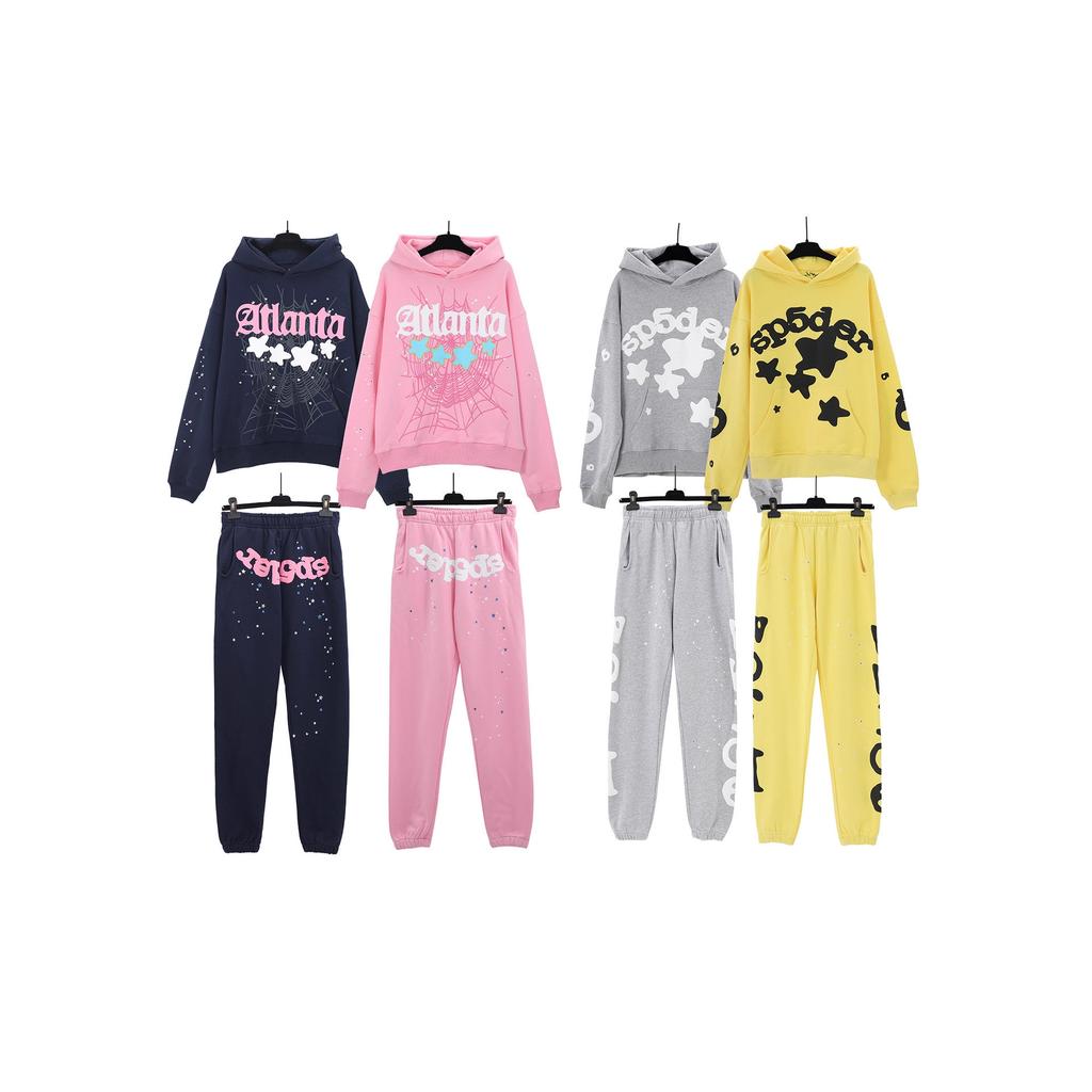 American high street trendy brand Sp5der letter star printed hoodie for men and women of the same sweater pants set wholesale