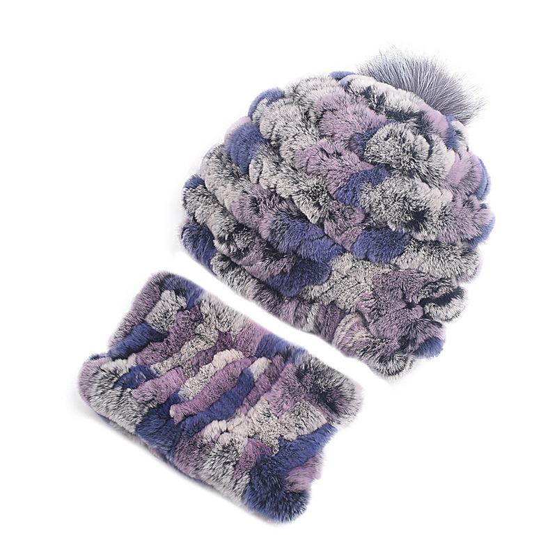 New Rex rabbit fur hat women's autumn and winter outdoor warm ear scarf mother casual suit