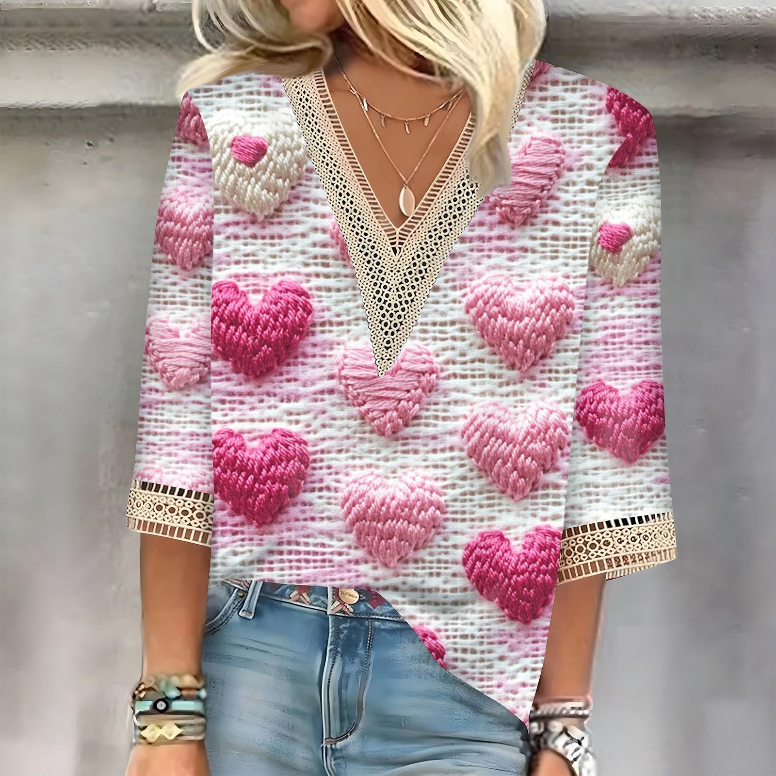 

Женский топ с рукавом три четверти, кружевной, с 3D-принтом ко Дню святого Валентина L бежевый