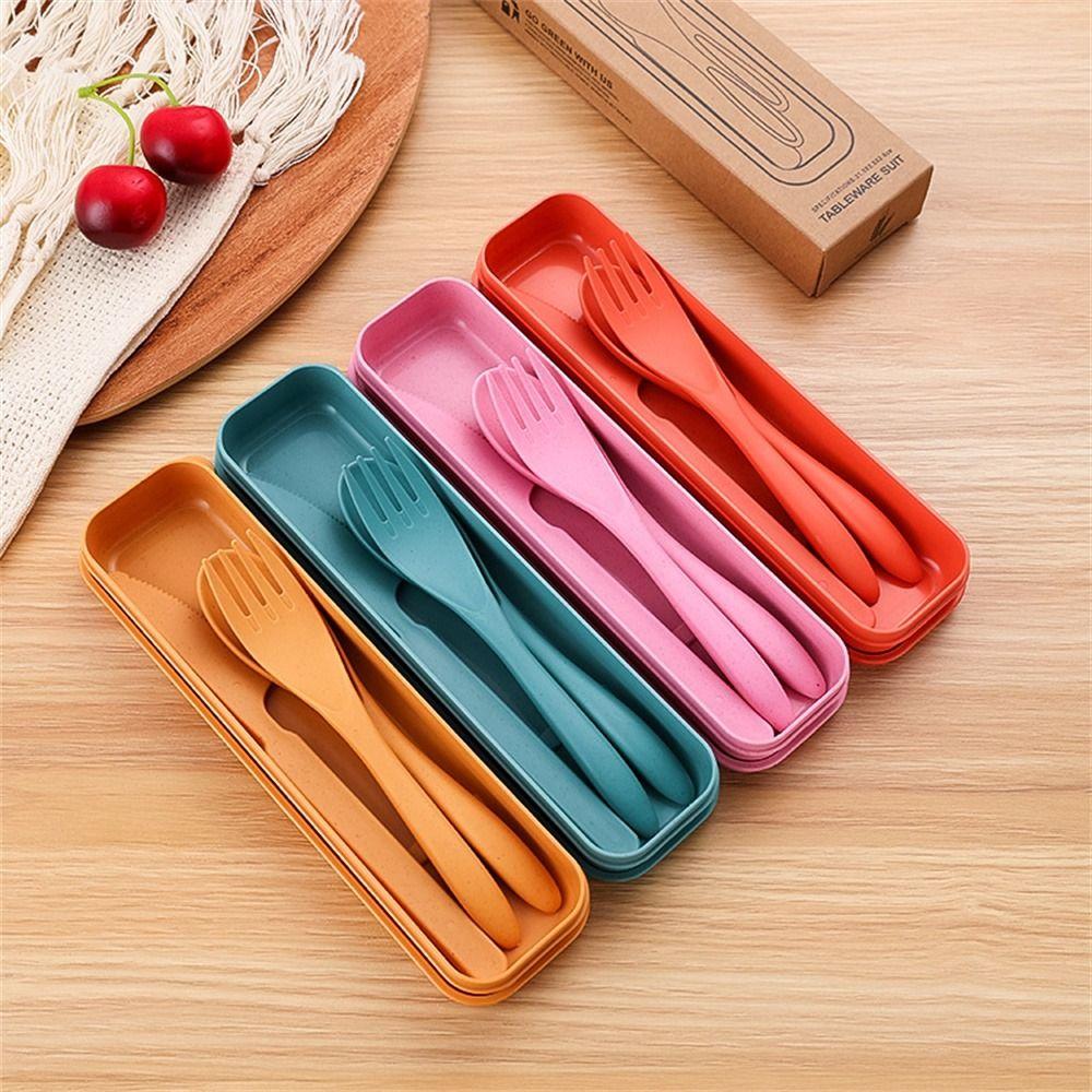 Wheat Straw Travel Utensils With Case Camping Spoon Fork Camping Utensil Set  Picnic Hiking