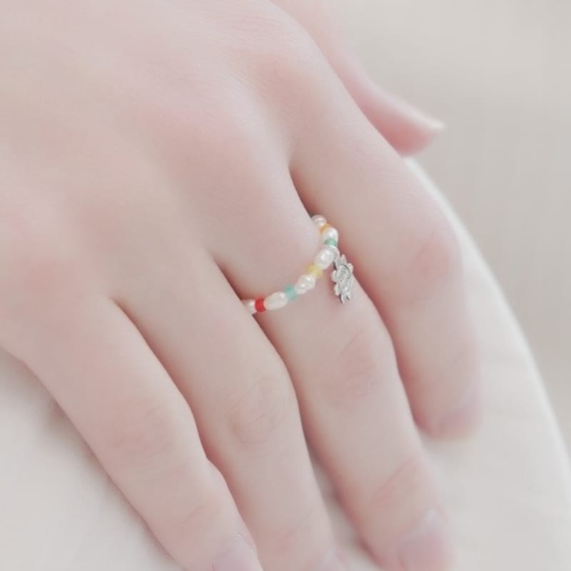 BONBEAU Mini Smile Water Pearl Beads Ring Mini Silver Flower Smile Banding Freshwater Pearl Bead Ring