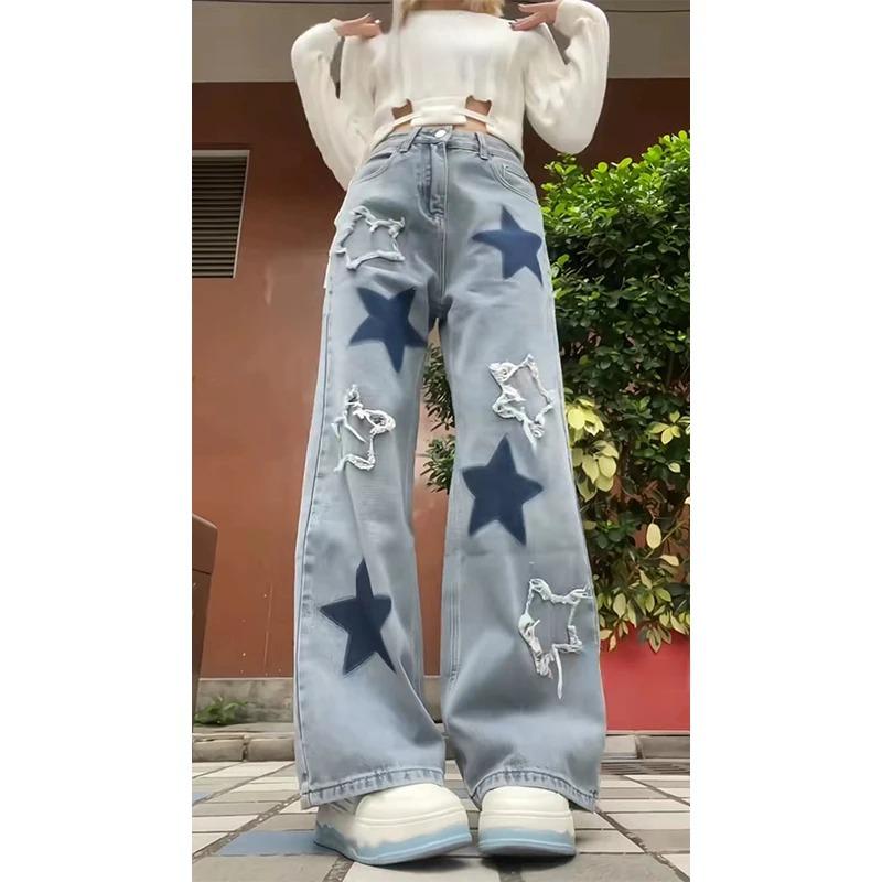 Dámské Baggy Blue Star Jeans Vintage Y2k Estetické džínové kalhoty 90. let Harajuku Kovbojské kalhoty s vysokým pasem a širokým pasem Oblečení 2000 2024