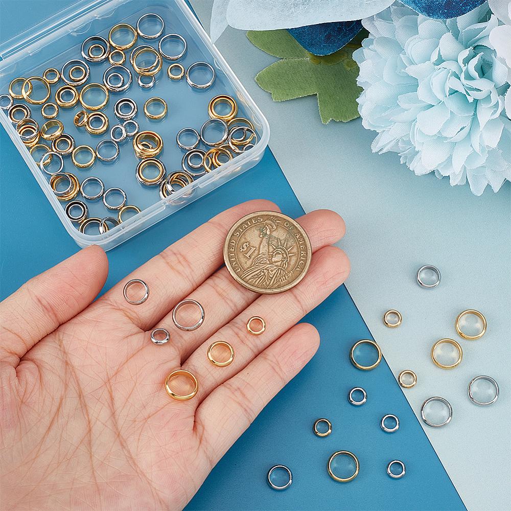 96Pcs 6 Styles 201 Stainless Steel Spacer Beads Flat Round/Ring Mixed Color 6~10x2~2.5mm Hole: 4~8mm 16pcs/style
