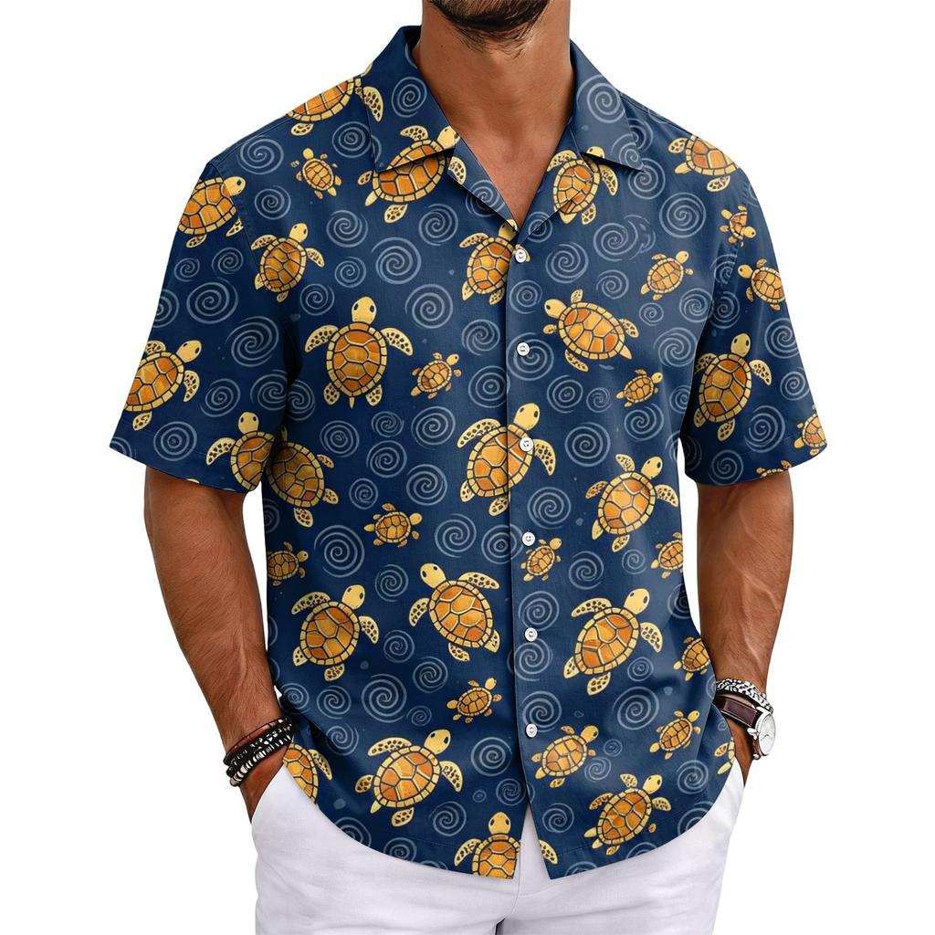 Herren Sommer Hawaiianhemd Kurzarm Kubanischer Kragen Knöpfe Casual Leichtes Atmungsaktives Gewebe Strandurlaub Hemd