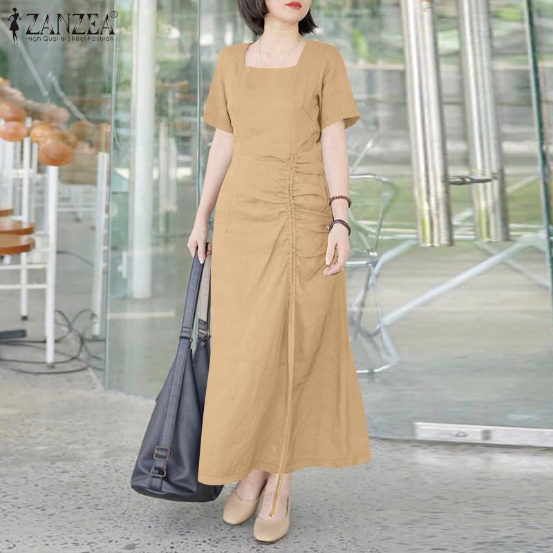 ZANZEA Women Casual Square Collar Short Sleeve Summer Long Dress
