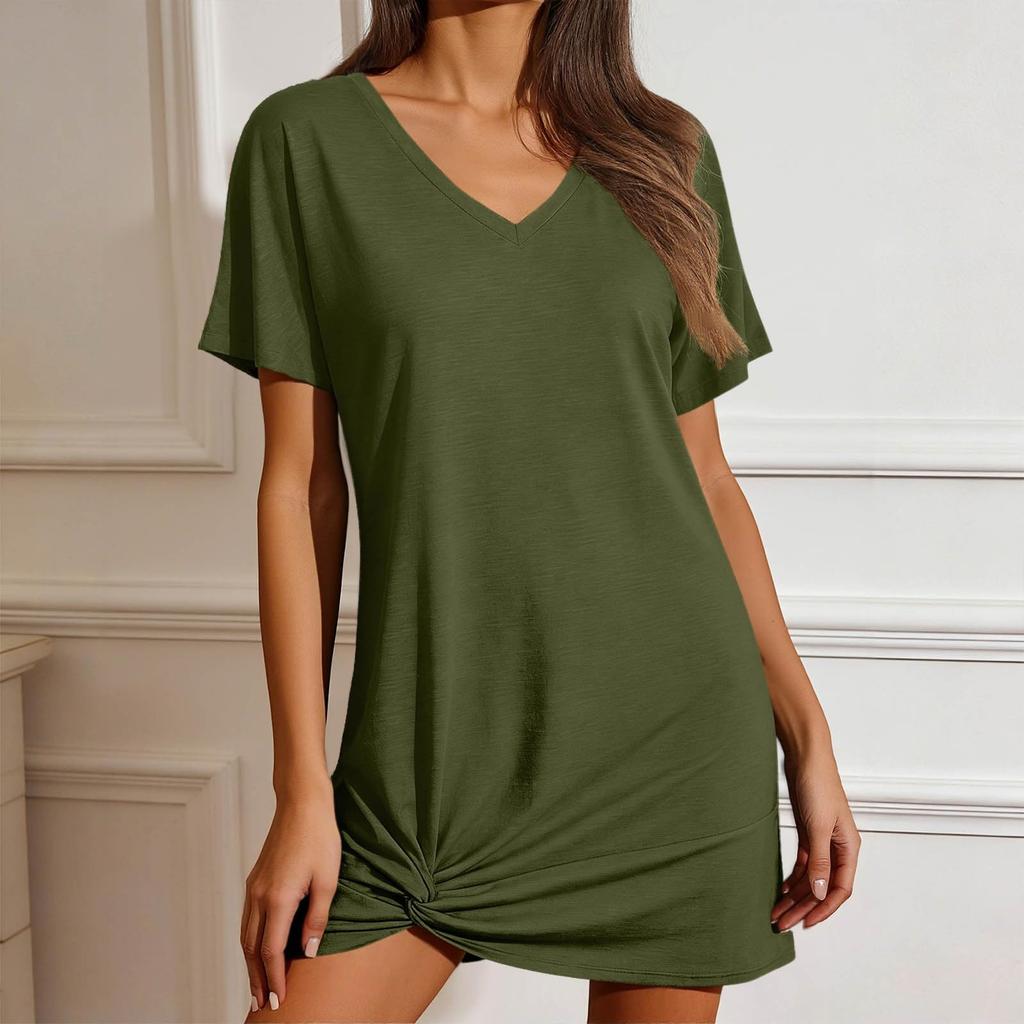 Women’s Fashionable Casual Plain V-neck Short-sleeved Knot-detail Loose-fit Dress