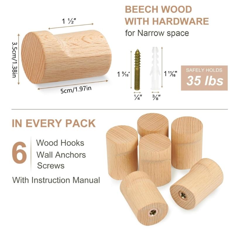 6Pcs Natural Wood Wall Mounted Hook Handmade Smooth Surfaces Hook Load Sturdy Home Organization