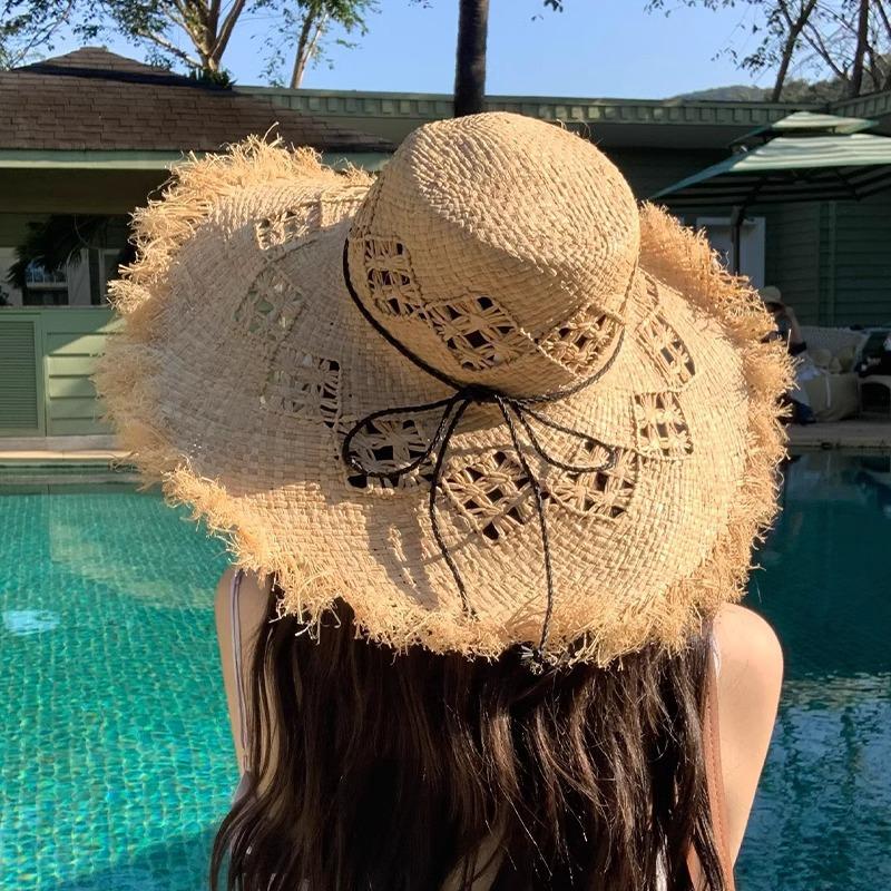Lafite Large Brim Straw Hat Seaside Beach Hat Summer Hollow Straw Hat Sun Protection Shade Sun Hat Women