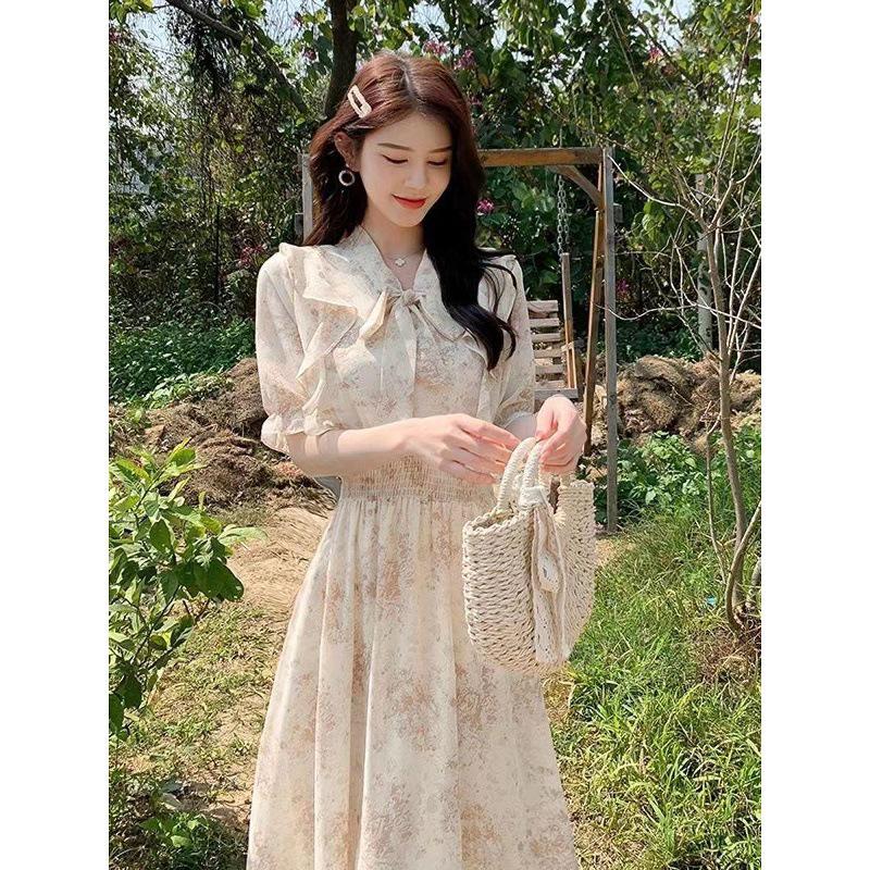 Summer French Style Floral Midi Dress - Waist-Cinched, Slimming, Elegant Temperament
