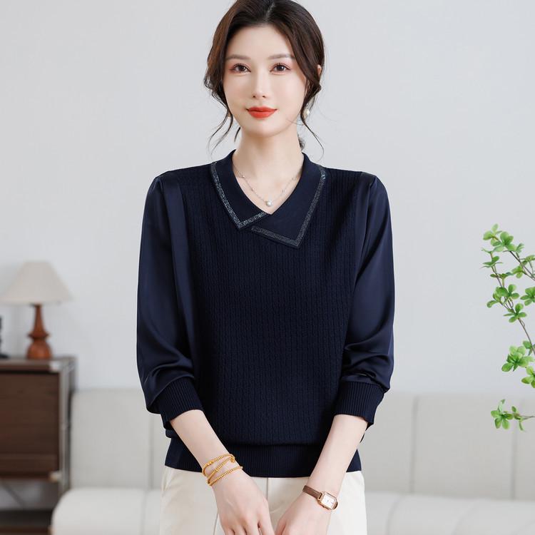 2026 Spring Women s Ice Silk Acetate Patchwork Wool Knit Sweater - Long Sleeve Pullover L синий