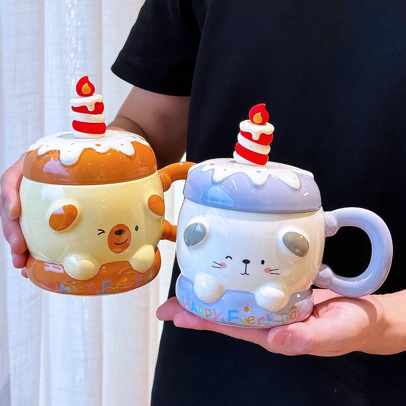 Yiran Toy 1 Girls Pink/Blue Birthday Gift Cake Cup Cute Mug High Value Ceramic Cup Children's Design Sense Niche With Cover