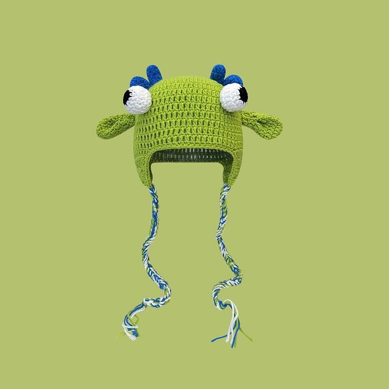 Cute Knitted Woolen Hat Unisex Warm Ear Protection Cartoon Green All-Match Cap Spring Autumn Winter Ideal For Men And Women