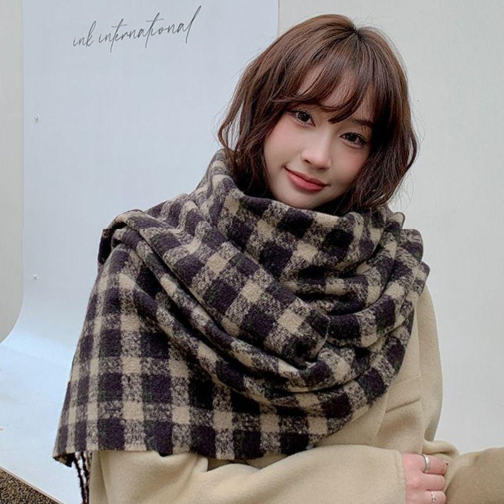 Tassel Plaid Wool Scarf Imitation Cashmere Long Shawl Retro Winter Cashmere Scarves  Autumn