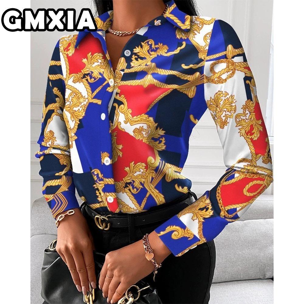 GMXIA Damenmode Lässig Freizeit Einfarbig Druck Langarm POLO Kragen Blusen & Hemden