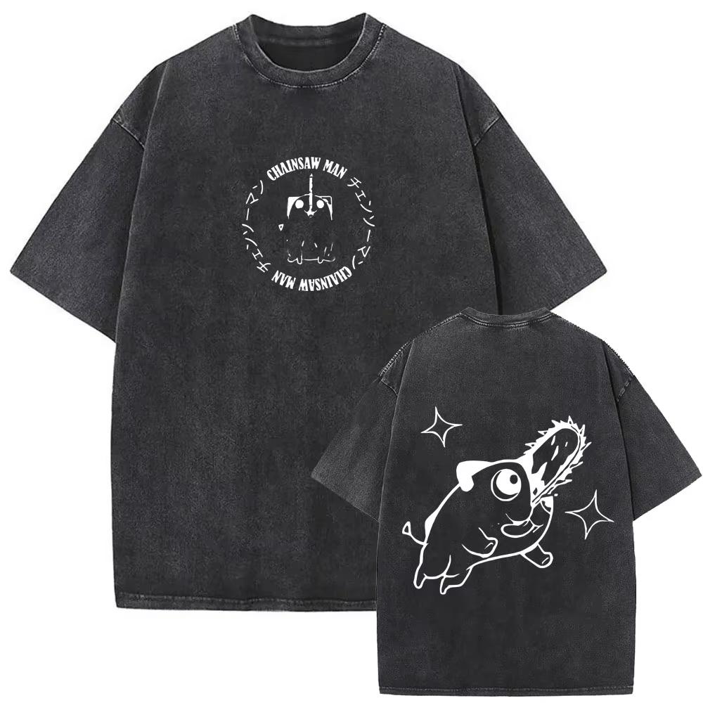 Anime Chainsaw Man Retro Gewaschenes T-Shirt Lustiges Cartoon Denji Pochita Grafik-T-Shirt Herren Damen Mode Vintage Lässige T-Shirts