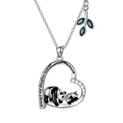 AOBOCO Funny Panda Daughter & Mother Necklace, Sterling Silver Heart Pendant with Austrian Crystal Decoration, Birthday Jewelry Gift for Daughter,