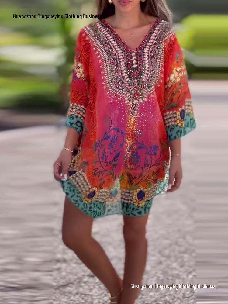Spring V-Neck Ethnic Print Loose Shirt for Women