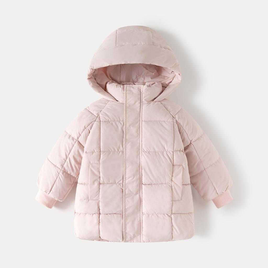 Kids Solid Korean Style Thick Padded Hooded Mid Length Winter Coat